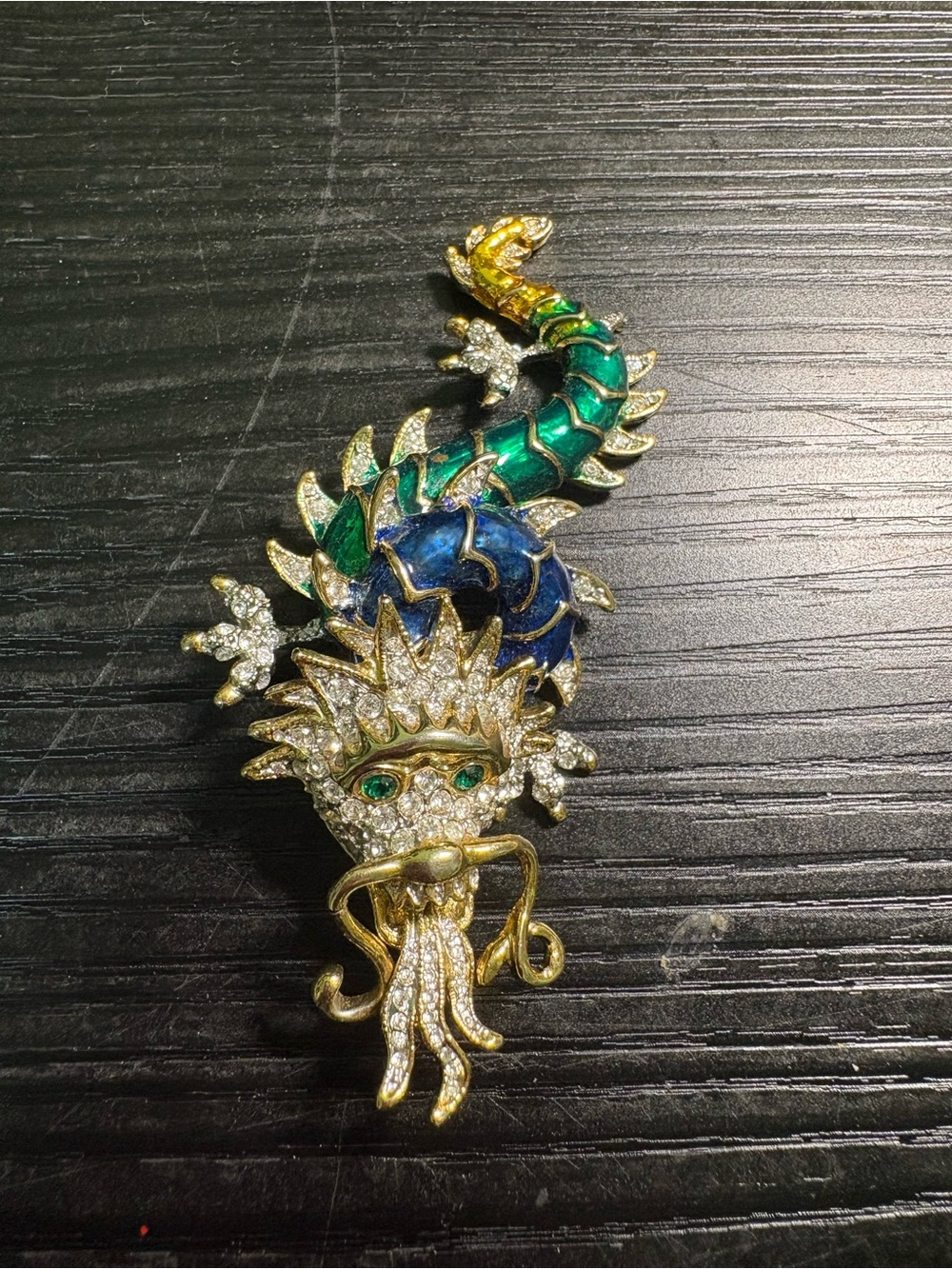 Butler &Wilson Unsigned Vtg Dragon Brooch Green and Blue Enamel Rhinestone